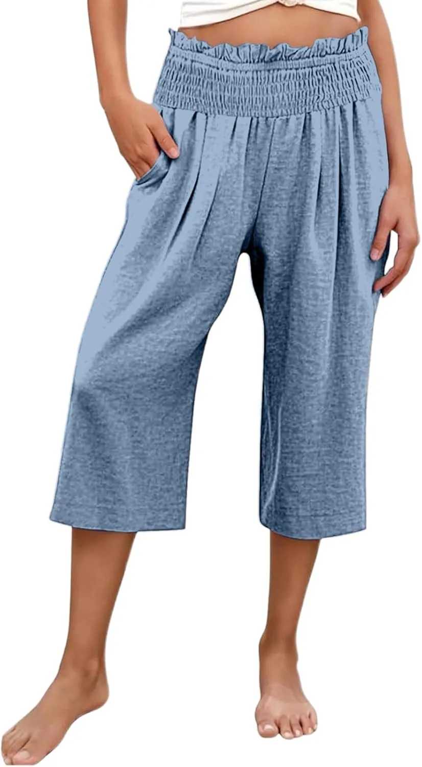 Capri Pants for Women Cotton Linen Wide Leg Palazzo Casual Summer Elastic High Waist Loose Beach Cropped Trousers