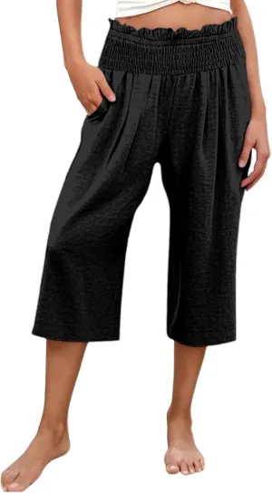Capri Pants for Women Cotton Linen Wide Leg Palazzo Casual Summer Elastic High Waist Loose Beach Cropped Trousers
