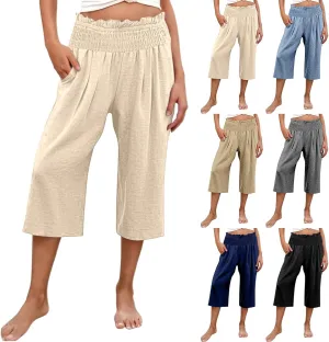 Capri Pants for Women Cotton Linen Wide Leg Palazzo Casual Summer Elastic High Waist Loose Beach Cropped Trousers
