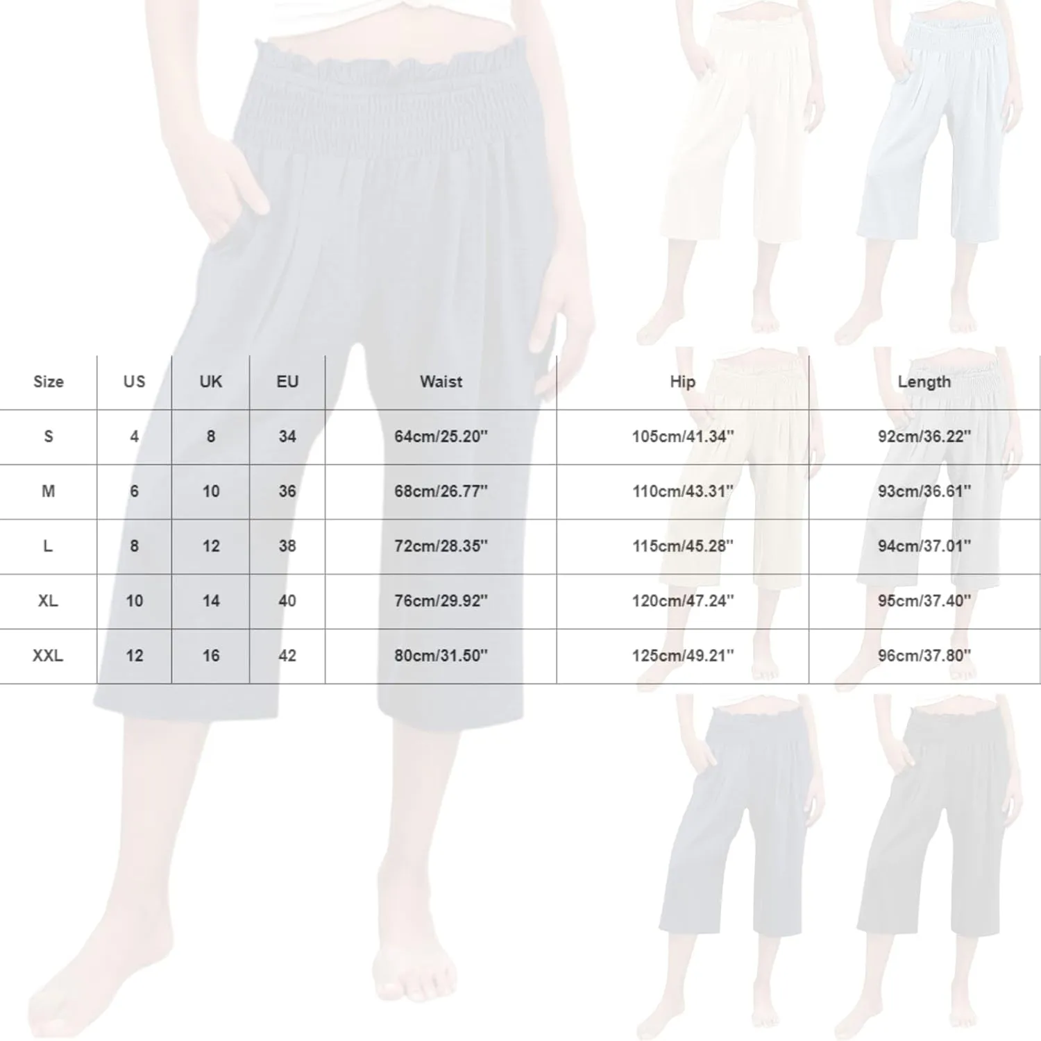Capri Pants for Women Cotton Linen Wide Leg Palazzo Casual Summer Elastic High Waist Loose Beach Cropped Trousers
