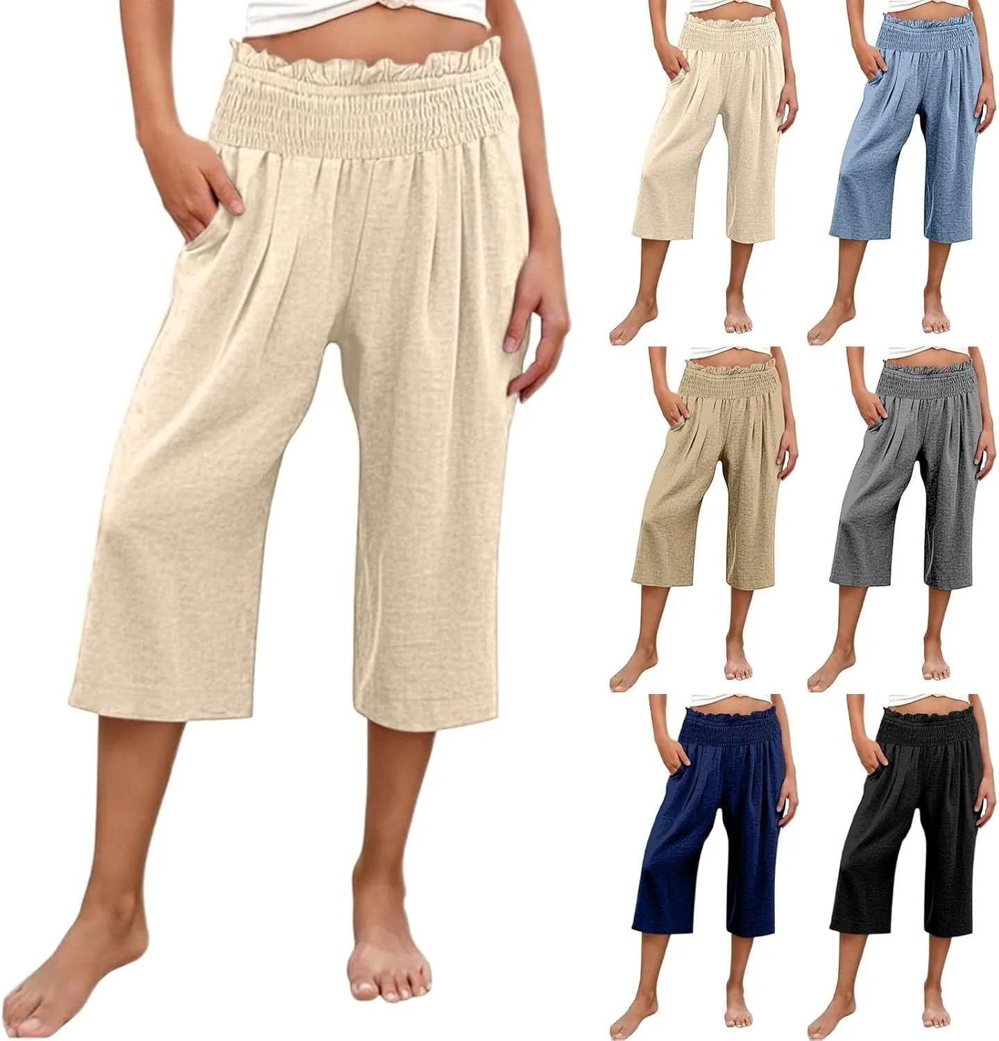 Capri Pants for Women Cotton Linen Wide Leg Palazzo Casual Summer Elastic High Waist Loose Beach Cropped Trousers