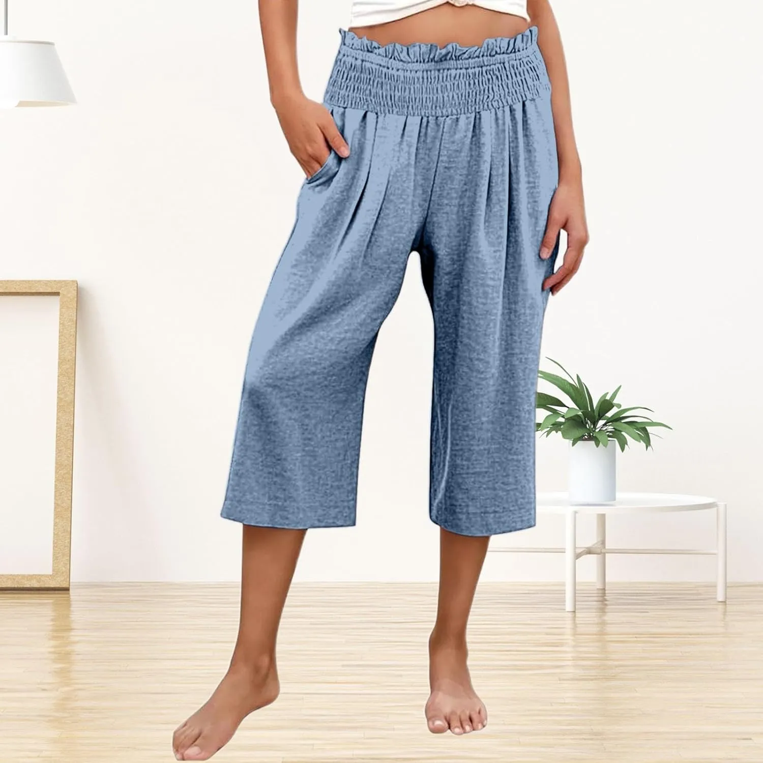 Capri Pants for Women Cotton Linen Wide Leg Palazzo Casual Summer Elastic High Waist Loose Beach Cropped Trousers