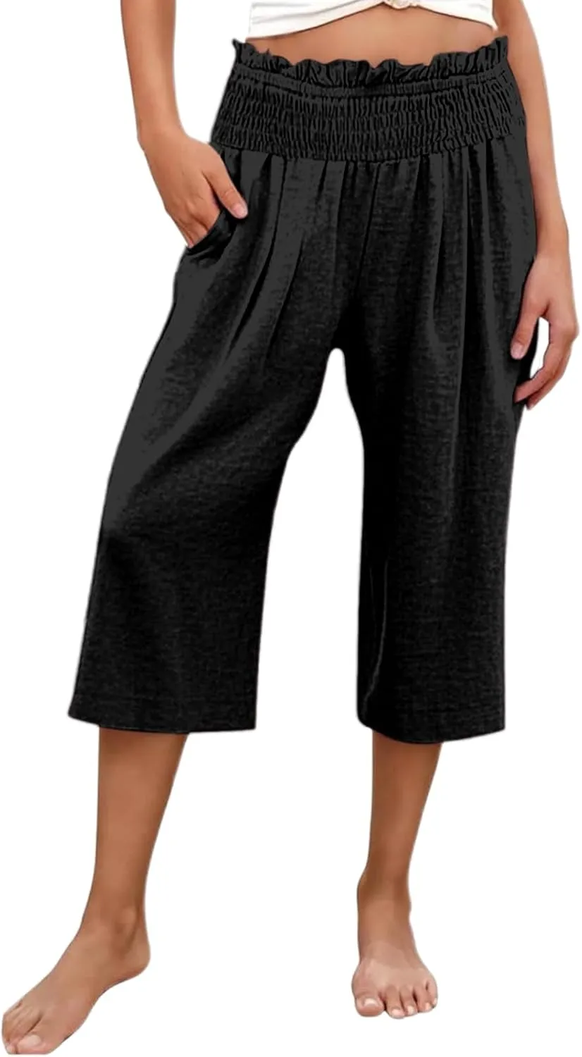 Capri Pants for Women Cotton Linen Wide Leg Palazzo Casual Summer Elastic High Waist Loose Beach Cropped Trousers
