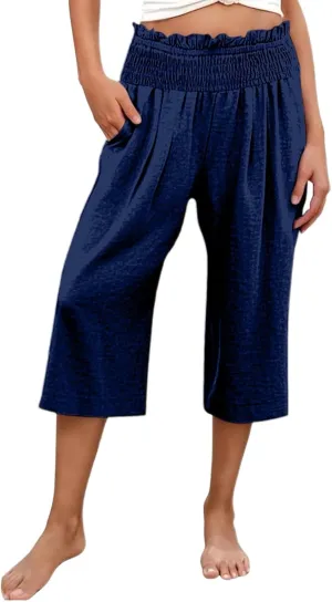 Capri Pants for Women Cotton Linen Wide Leg Palazzo Casual Summer Elastic High Waist Loose Beach Cropped Trousers