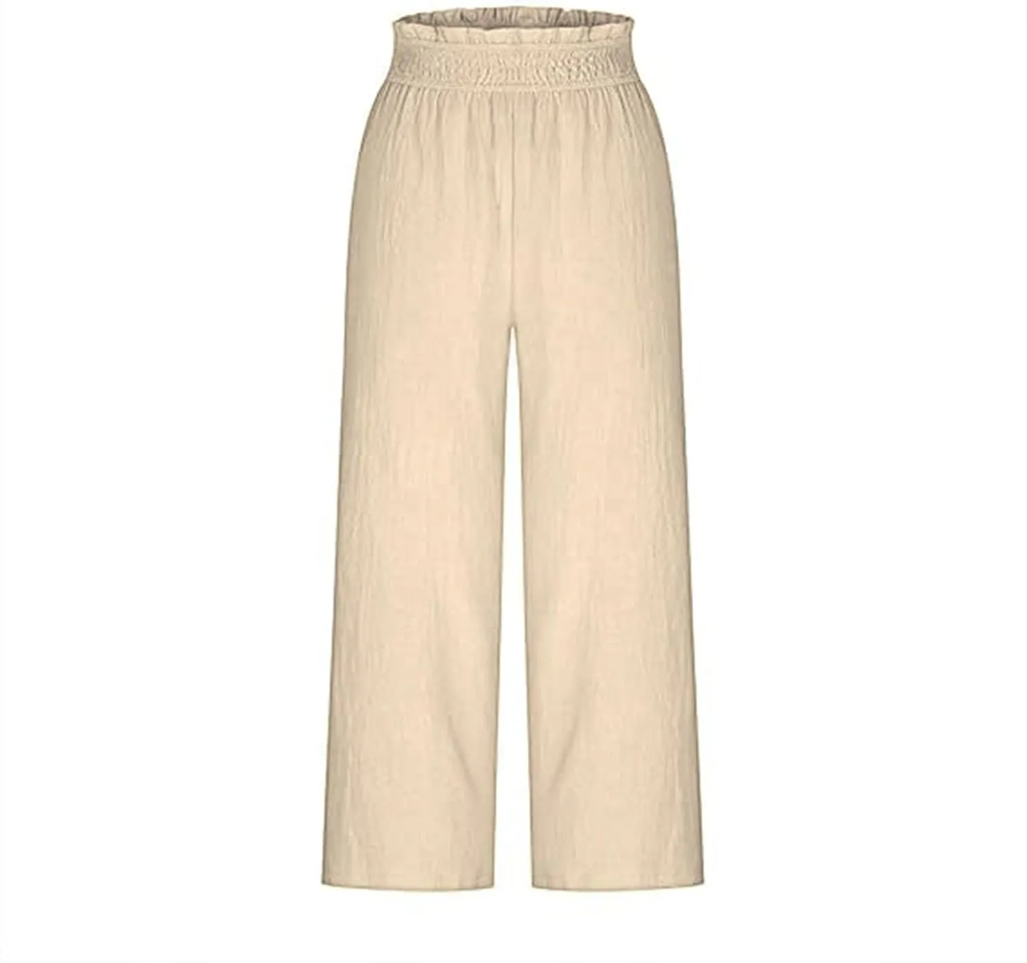 Capri Pants for Women Cotton Linen Wide Leg Palazzo Casual Summer Elastic High Waist Loose Beach Cropped Trousers