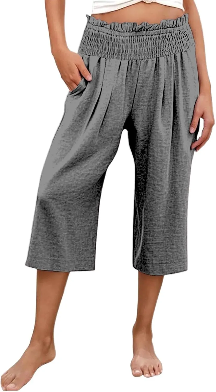 Capri Pants for Women Cotton Linen Wide Leg Palazzo Casual Summer Elastic High Waist Loose Beach Cropped Trousers