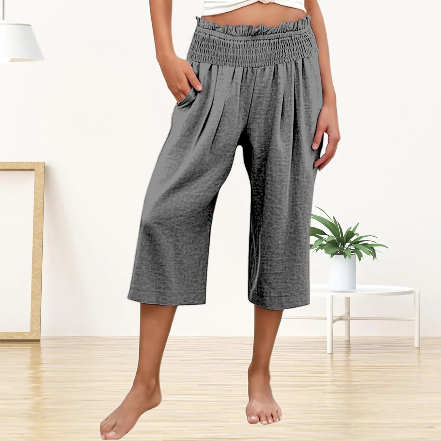 Capri Pants for Women Cotton Linen Wide Leg Palazzo Casual Summer Elastic High Waist Loose Beach Cropped Trousers