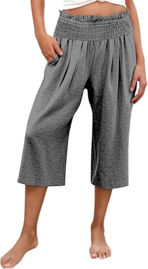 Capri Pants for Women Cotton Linen Wide Leg Palazzo Casual Summer Elastic High Waist Loose Beach Cropped Trousers