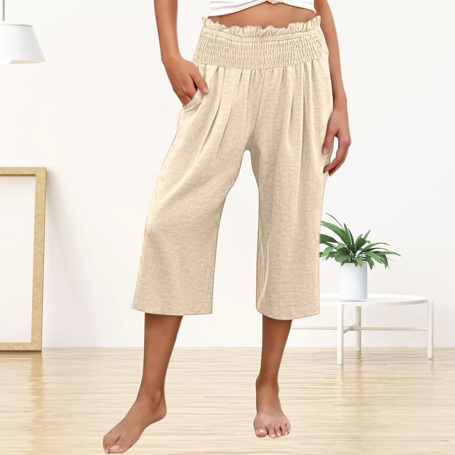 Capri Pants for Women Cotton Linen Wide Leg Palazzo Casual Summer Elastic High Waist Loose Beach Cropped Trousers