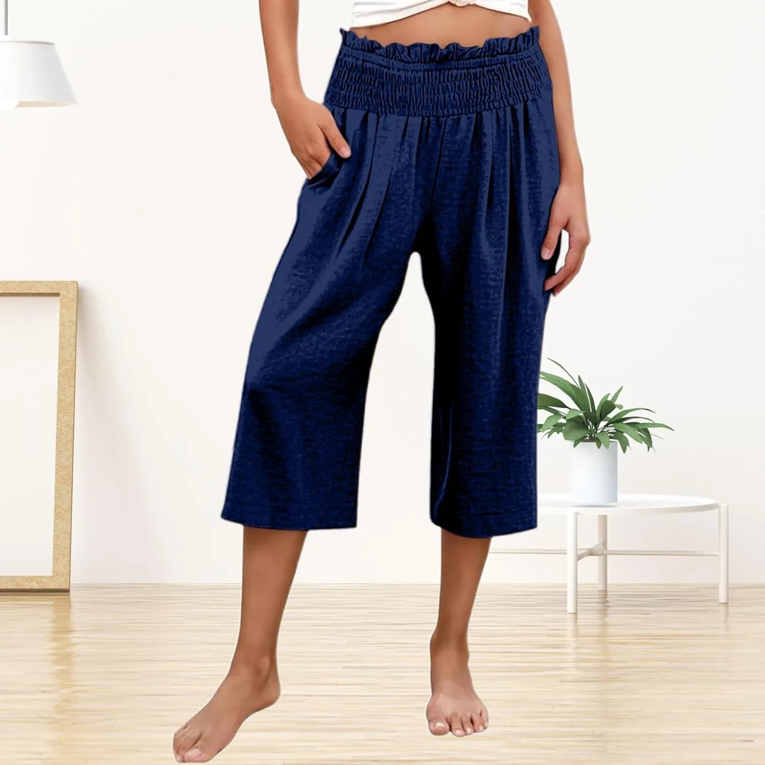 Capri Pants for Women Cotton Linen Wide Leg Palazzo Casual Summer Elastic High Waist Loose Beach Cropped Trousers