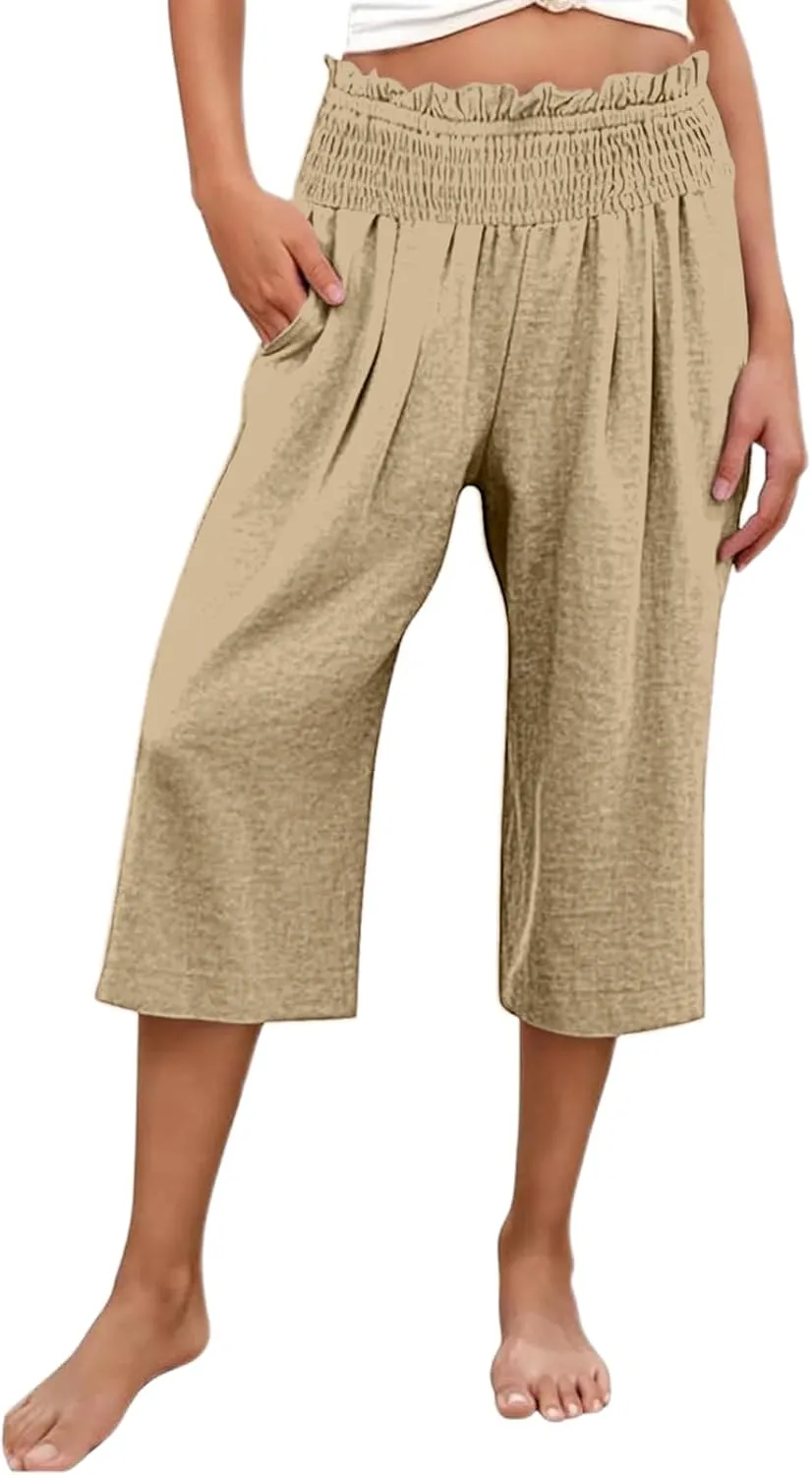 Capri Pants for Women Cotton Linen Wide Leg Palazzo Casual Summer Elastic High Waist Loose Beach Cropped Trousers