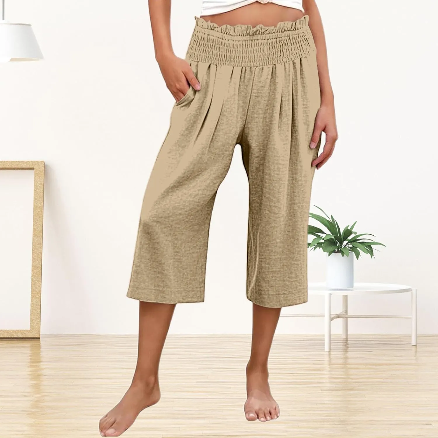 Capri Pants for Women Cotton Linen Wide Leg Palazzo Casual Summer Elastic High Waist Loose Beach Cropped Trousers