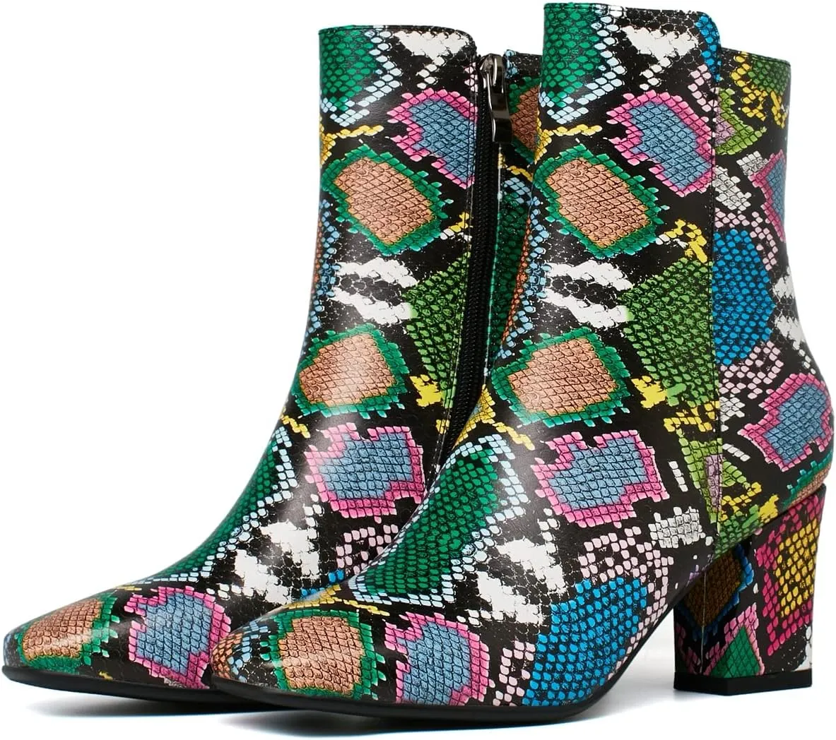 Caradise Womens High Chunky Heeled Boots Zip Up Square Toe Ankle Booties Size 8 B(M) US,Multicoloured Snake