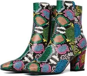 Caradise Womens High Chunky Heeled Boots Zip Up Square Toe Ankle Booties Size 8 B(M) US,Multicoloured Snake