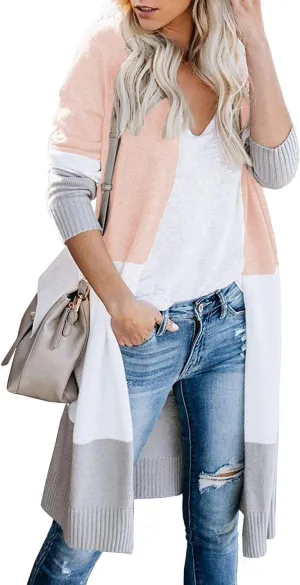 CARDYDONY Women's Long Cardigan Open Front Color Block Cardigan Knit Sweaters