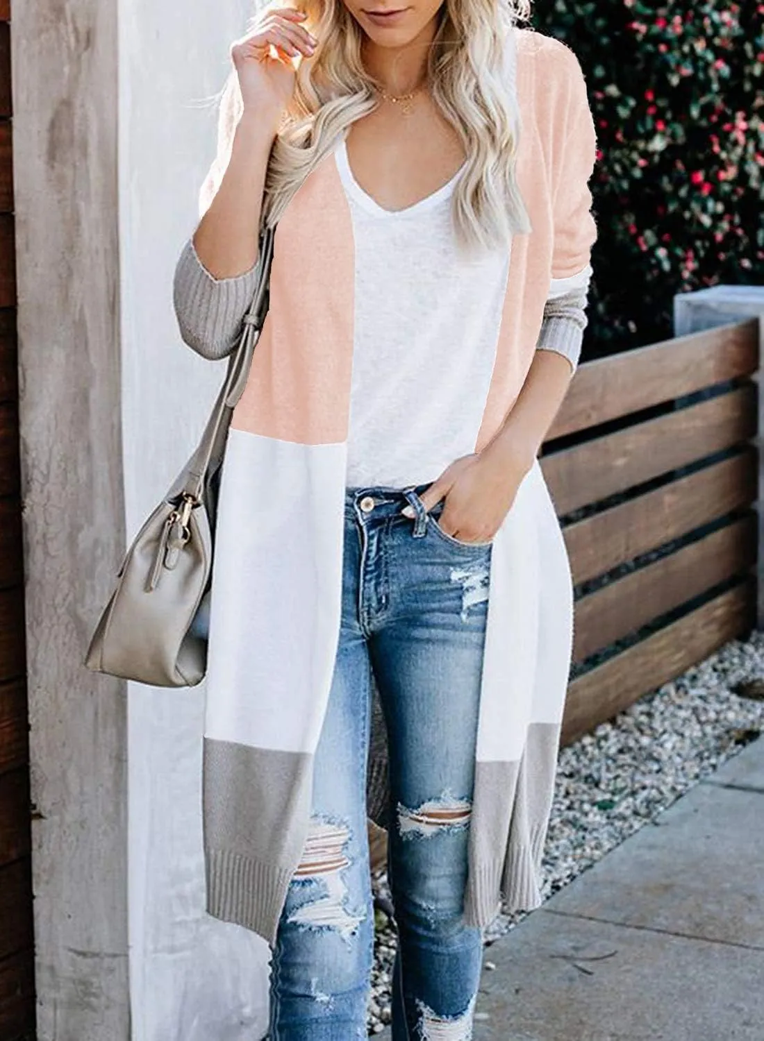CARDYDONY Women's Long Cardigan Open Front Color Block Cardigan Knit Sweaters