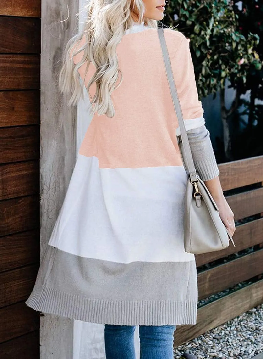 CARDYDONY Women's Long Cardigan Open Front Color Block Cardigan Knit Sweaters