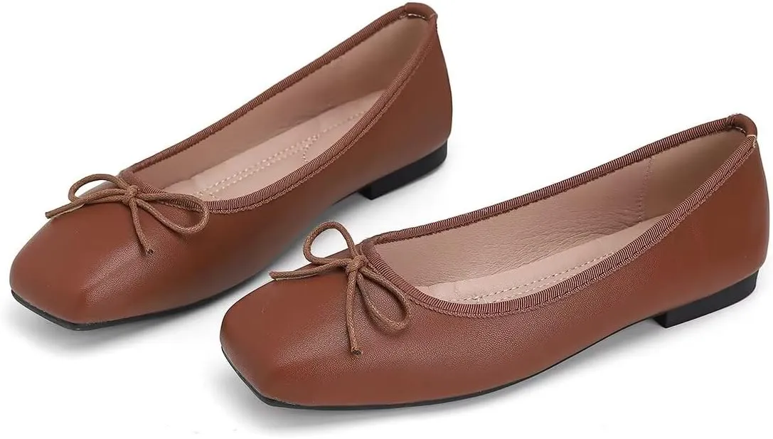 ChaiRong Zhou Women Square Toe Pu Leather Ballet Flats with Cute Bowknot Elegant Slip on Soft Support Daily Dress Office Driving Shoes