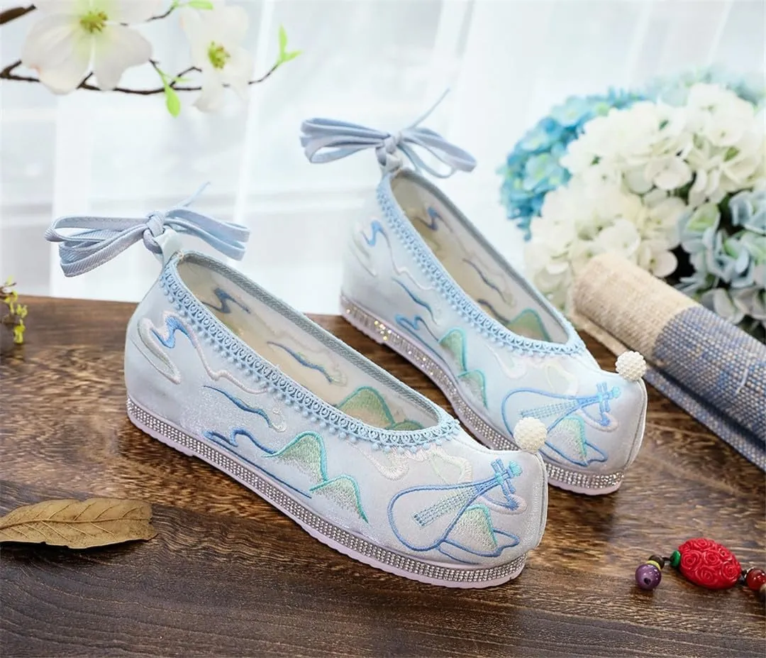 Chinese Lute Embroidered Women Vintage Cotton Fabric Hanfu Platform Shoes Elegant Ladies Casual Sneakers