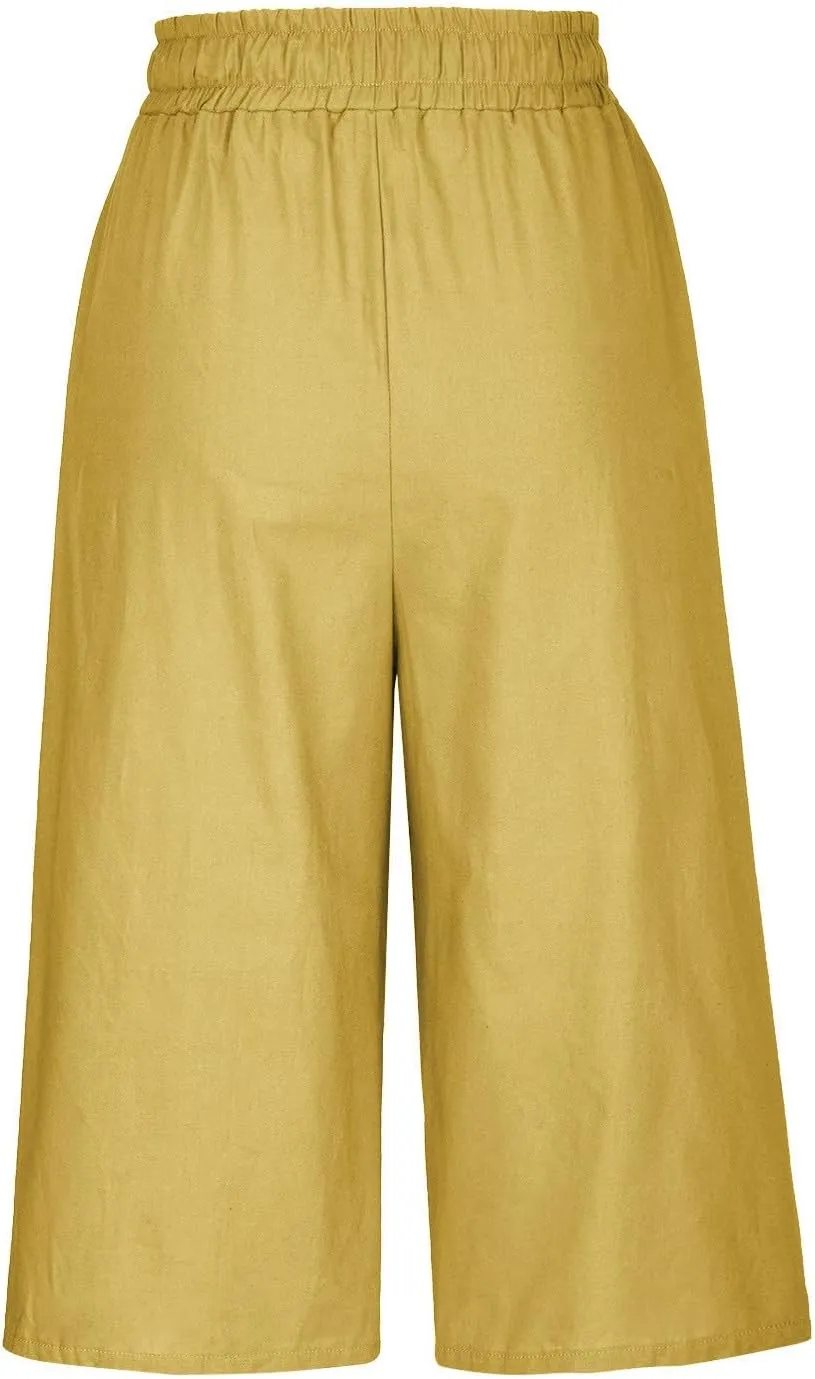 Cotton Linen Capri Pants for Women 2025 Casual Summer Drawstring Below The Knee Length Cropped Trouser with Pockets