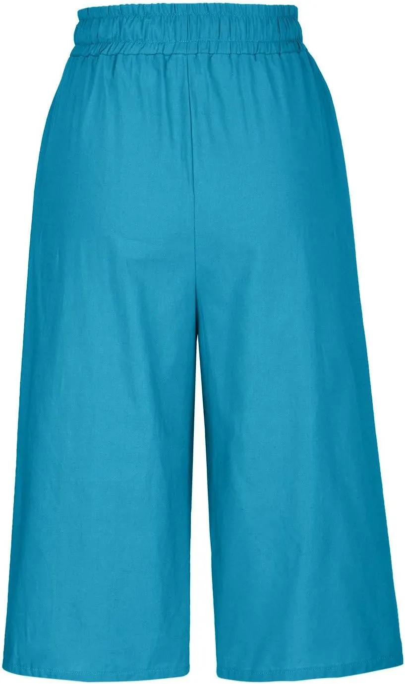 Cotton Linen Capri Pants for Women 2025 Casual Summer Drawstring Below The Knee Length Cropped Trouser with Pockets