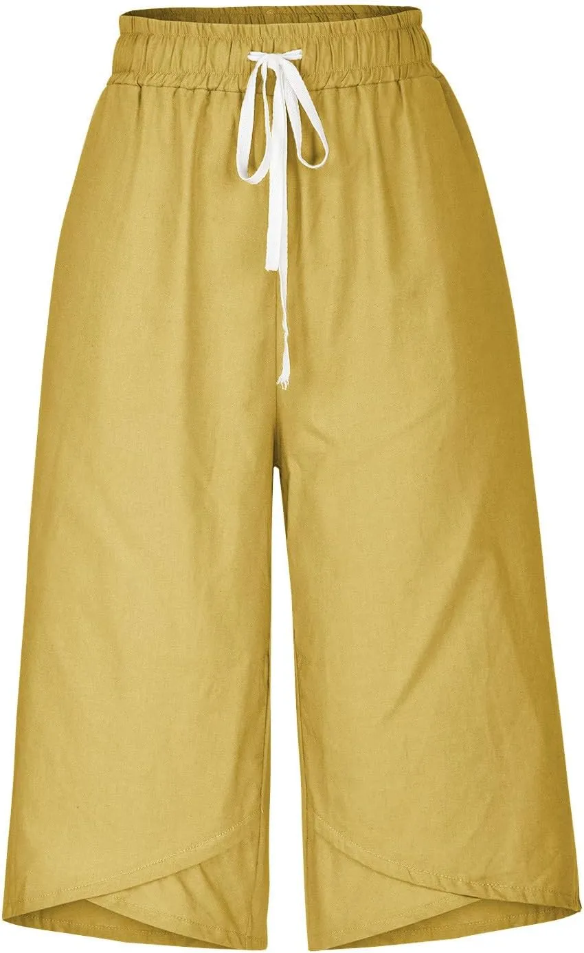 Cotton Linen Capri Pants for Women 2025 Casual Summer Drawstring Below The Knee Length Cropped Trouser with Pockets