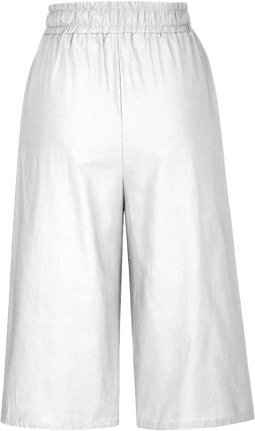 Cotton Linen Capri Pants for Women 2025 Casual Summer Drawstring Below The Knee Length Cropped Trouser with Pockets