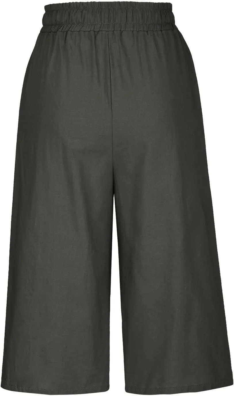 Cotton Linen Capri Pants for Women 2025 Casual Summer Drawstring Below The Knee Length Cropped Trouser with Pockets