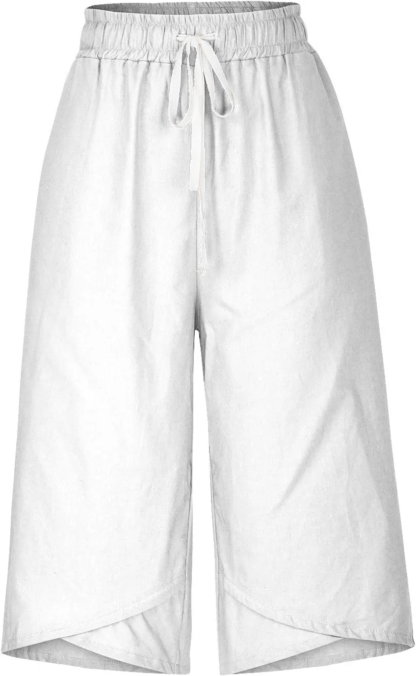 Cotton Linen Capri Pants for Women 2025 Casual Summer Drawstring Below The Knee Length Cropped Trouser with Pockets