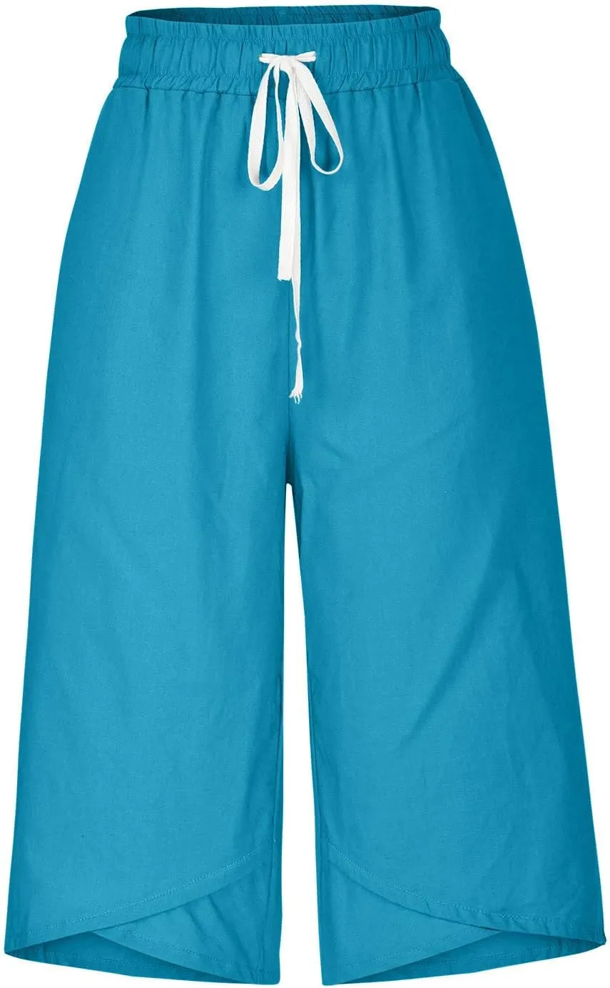 Cotton Linen Capri Pants for Women 2025 Casual Summer Drawstring Below The Knee Length Cropped Trouser with Pockets