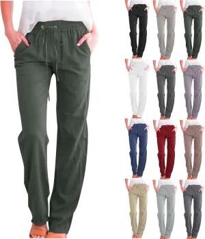 Cotton Linen Pants for Women Dressy Casual High Waisted Drawstring Pant Causal Summer Straight Leg Lounge Trousers