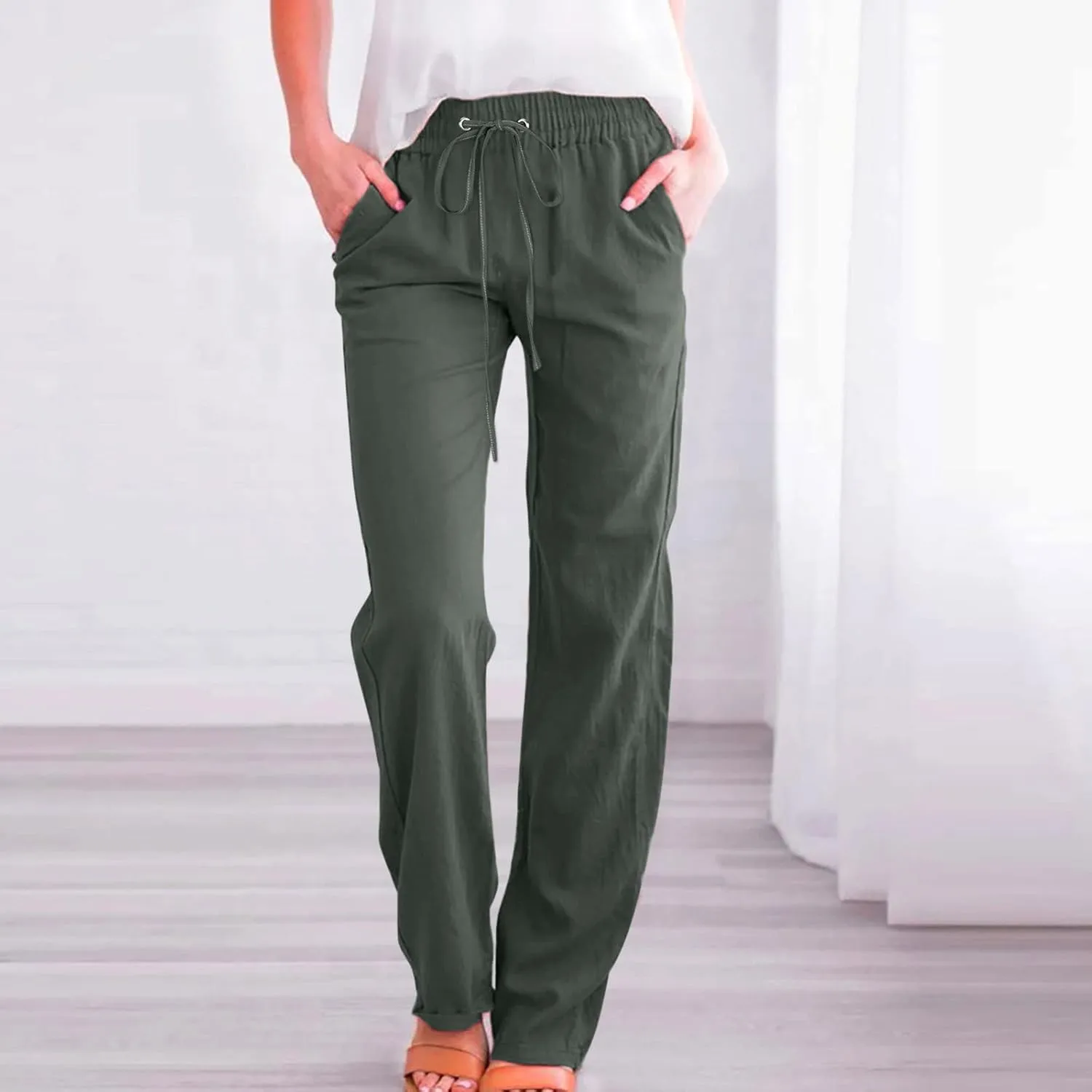 Cotton Linen Pants for Women Dressy Casual High Waisted Drawstring Pant Causal Summer Straight Leg Lounge Trousers