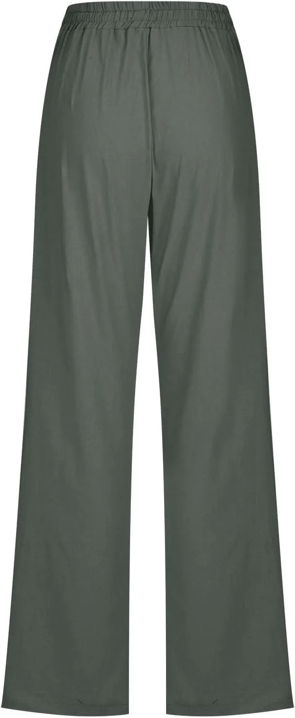 Cotton Linen Pants for Women Dressy Casual High Waisted Drawstring Pant Causal Summer Straight Leg Lounge Trousers