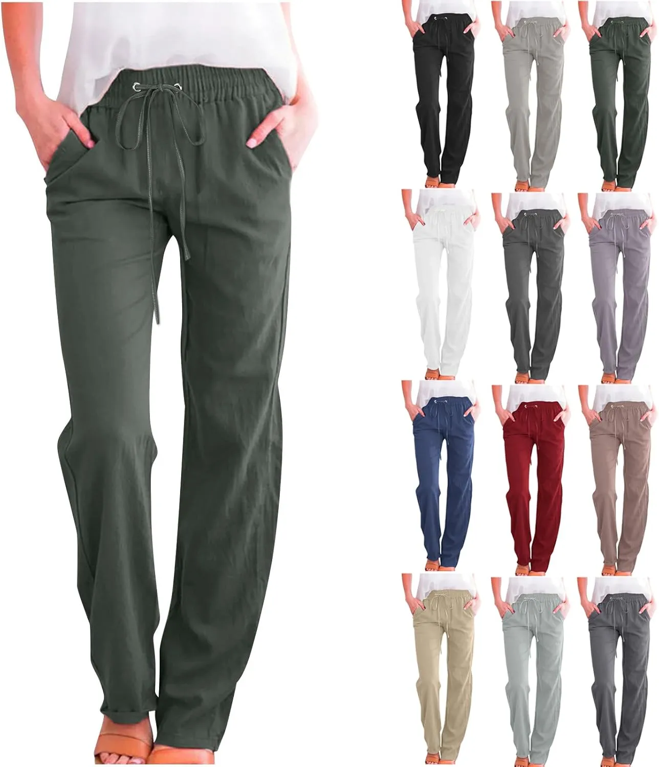 Cotton Linen Pants for Women Dressy Casual High Waisted Drawstring Pant Causal Summer Straight Leg Lounge Trousers