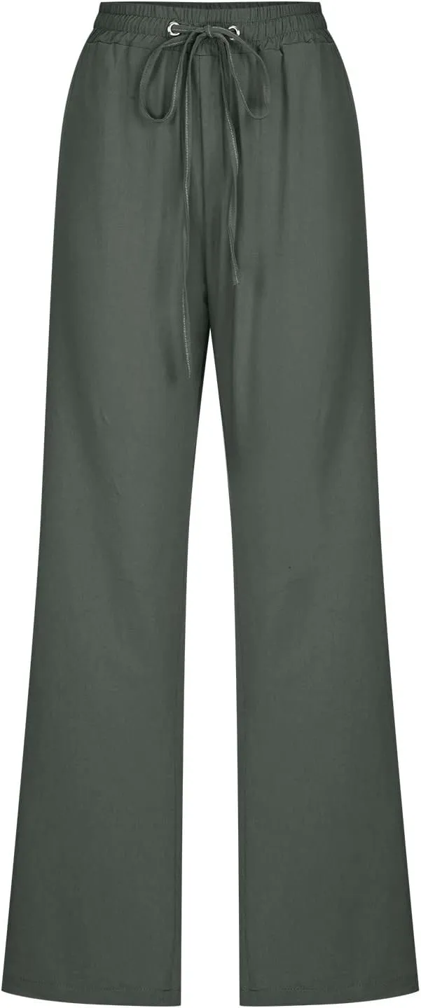Cotton Linen Pants for Women Dressy Casual High Waisted Drawstring Pant Causal Summer Straight Leg Lounge Trousers
