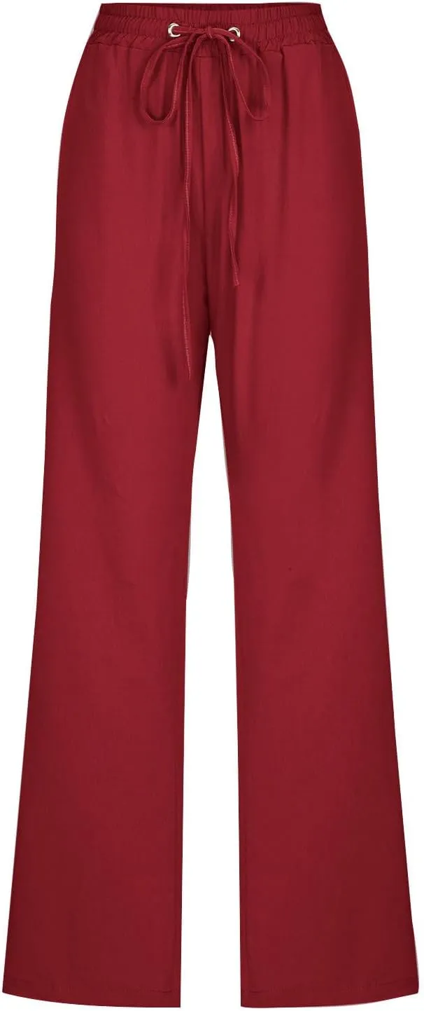 Cotton Linen Pants for Women Dressy Casual High Waisted Drawstring Pant Causal Summer Straight Leg Lounge Trousers