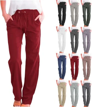 Cotton Linen Pants for Women Dressy Casual High Waisted Drawstring Pant Causal Summer Straight Leg Lounge Trousers