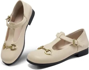 Coutgo Women's Mary Jane Shoes T Strap Chunky Low Heel Round Toe Comfortable Adjustable Strap Flat Dress Shoes