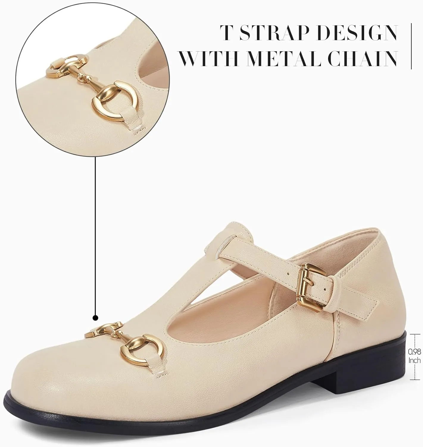 Coutgo Women's Mary Jane Shoes T Strap Chunky Low Heel Round Toe Comfortable Adjustable Strap Flat Dress Shoes