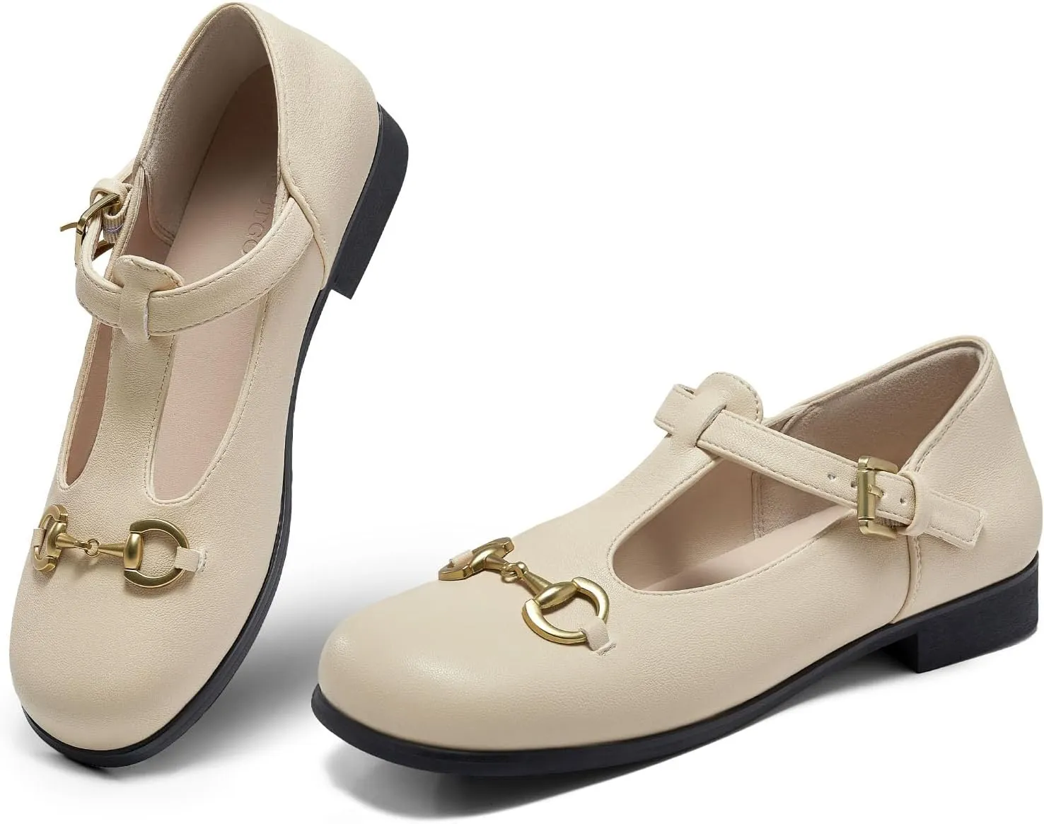 Coutgo Women's Mary Jane Shoes T Strap Chunky Low Heel Round Toe Comfortable Adjustable Strap Flat Dress Shoes