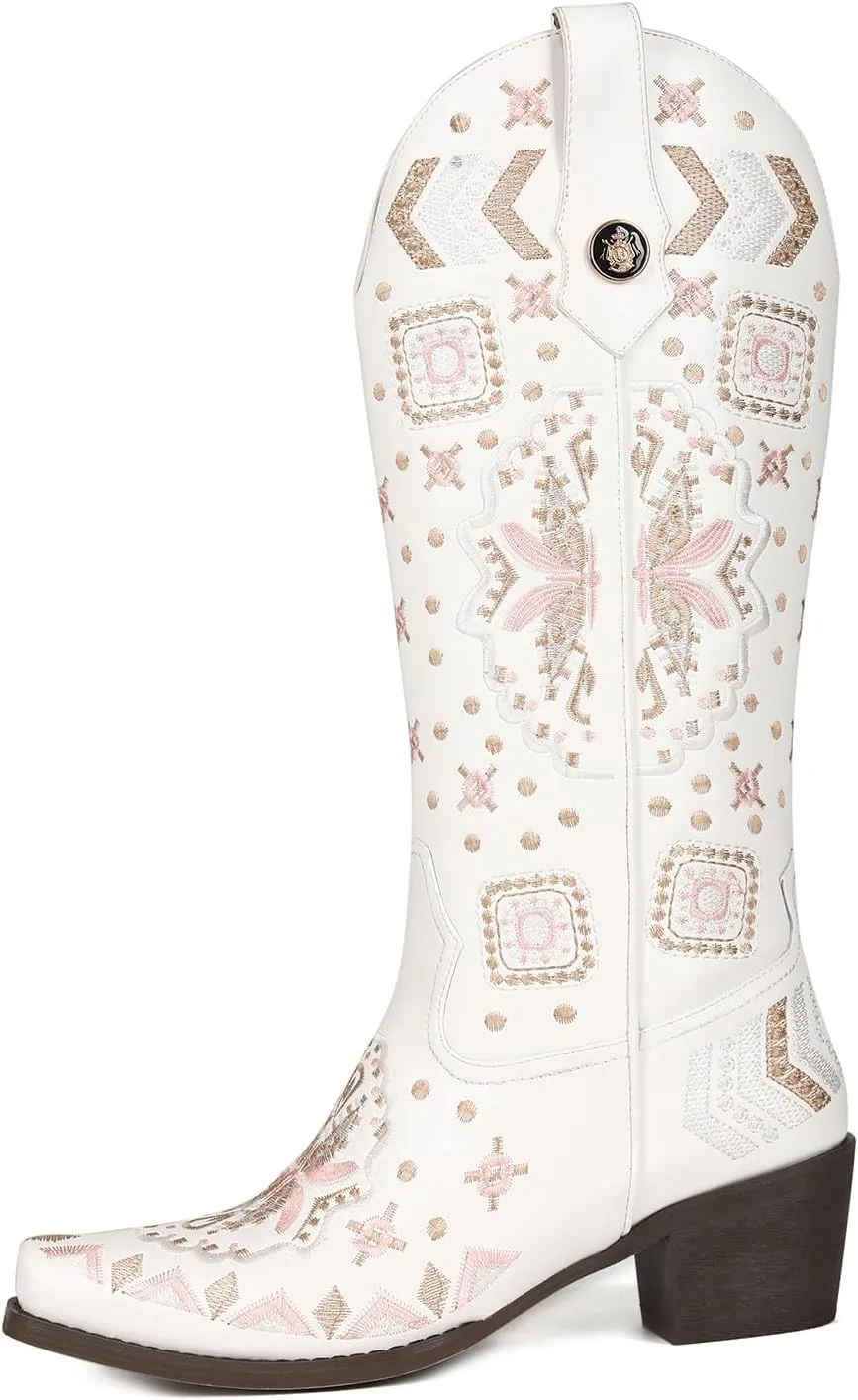 Cowboy Boots Women Leather Embroidery Ladies Square Toe Western Cowgirl Boots