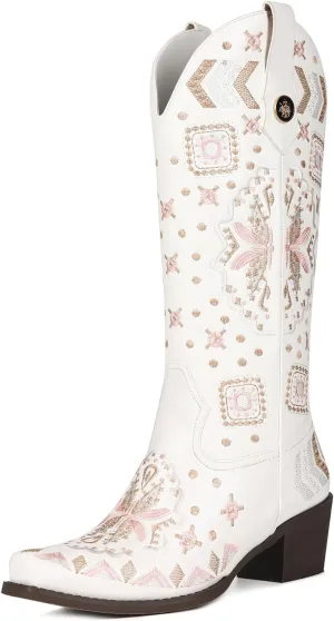 Cowboy Boots Women Leather Embroidery Ladies Square Toe Western Cowgirl Boots
