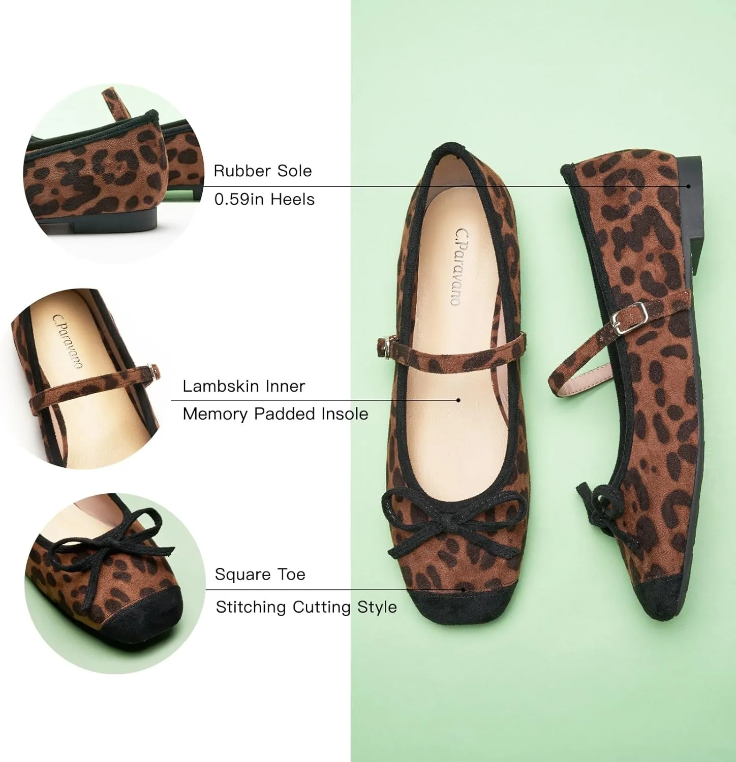 C.Paravano Mary Jane Shoes Ballet Flats for Women Square Toe Flats with Strap Bowknot Office Comfortable Casual Dressy Shoes