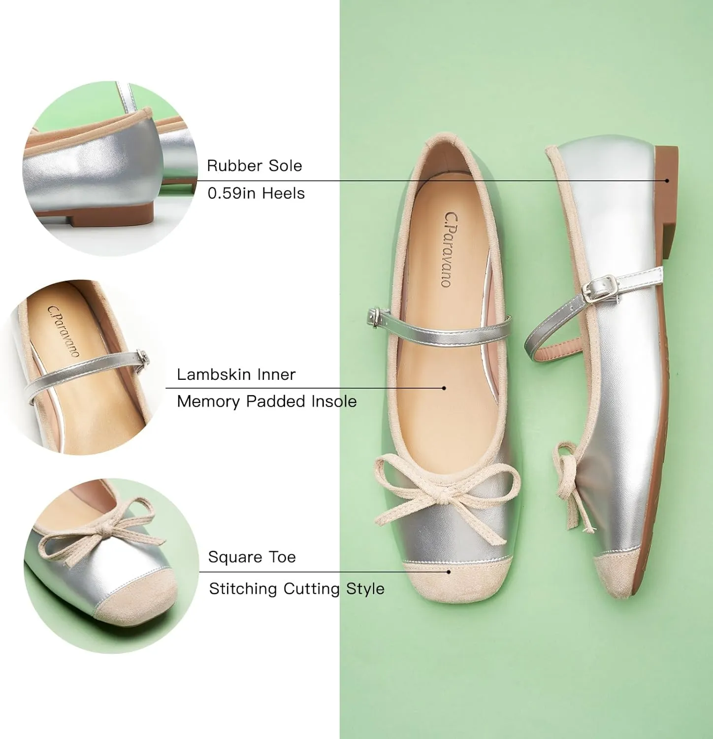 C.Paravano Mary Jane Shoes Ballet Flats for Women Square Toe Flats with Strap Bowknot Office Comfortable Casual Dressy Shoes