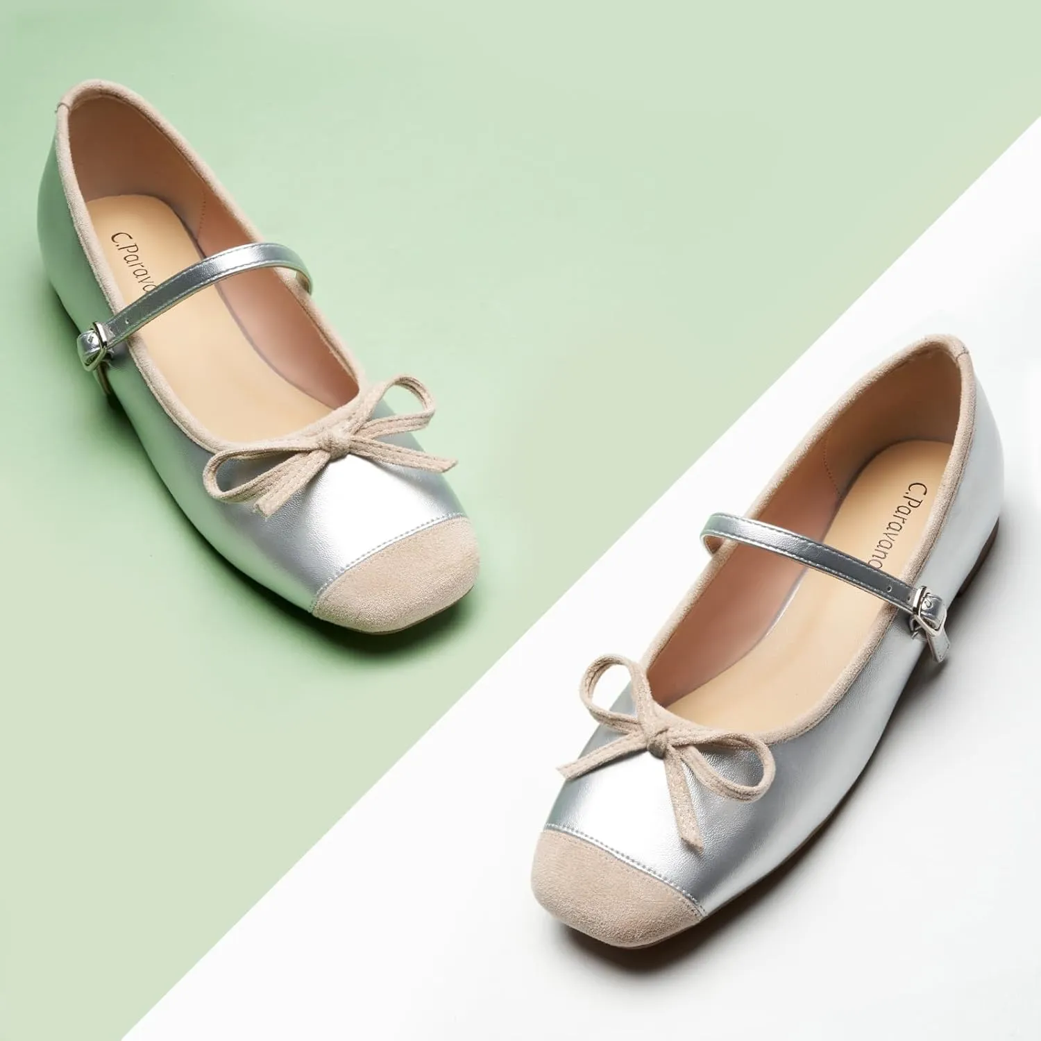 C.Paravano Mary Jane Shoes Ballet Flats for Women Square Toe Flats with Strap Bowknot Office Comfortable Casual Dressy Shoes