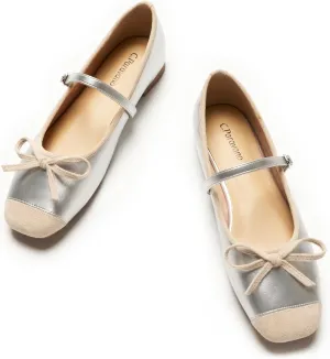 C.Paravano Mary Jane Shoes Ballet Flats for Women Square Toe Flats with Strap Bowknot Office Comfortable Casual Dressy Shoes