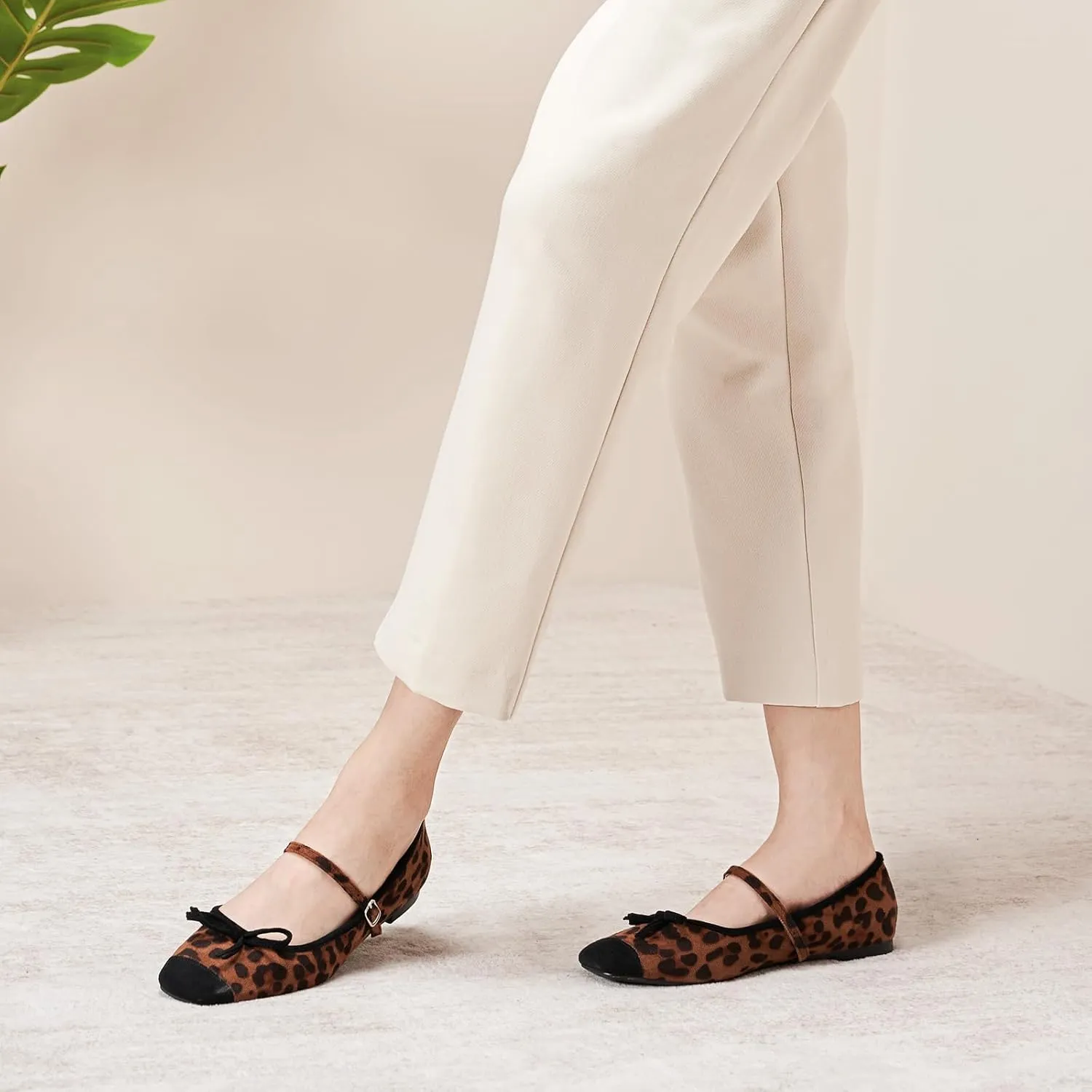 C.Paravano Mary Jane Shoes Ballet Flats for Women Square Toe Flats with Strap Bowknot Office Comfortable Casual Dressy Shoes