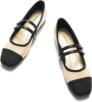 C.Paravano Mary Jane Shoes for Women, Women's Square Toe Flats, Comfortable Mary Jane Flats, Slip On Dress Ballet Flat, Walking Beige Shoes for Casual Work Party Wedding (Size 7,Beige)