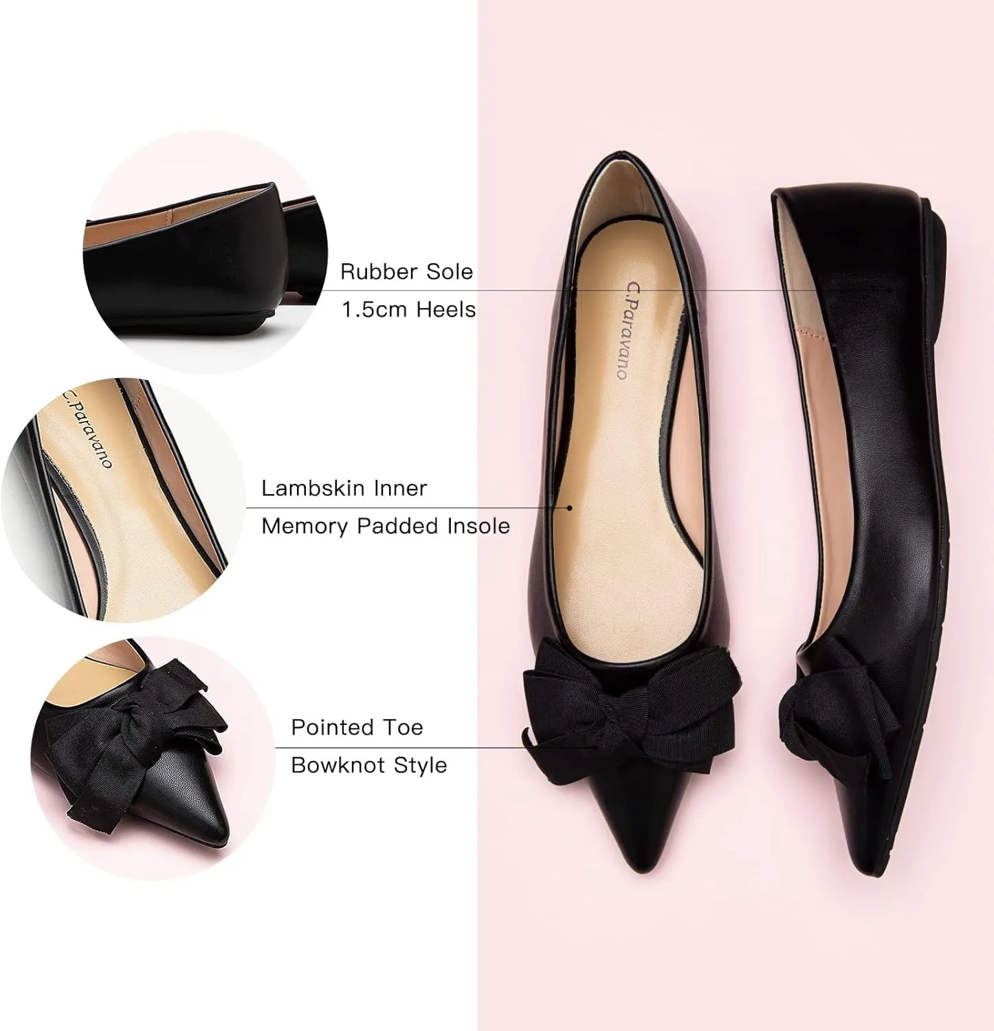 C.Paravano Pointy Bow Flats Women's Flats Comfortable Stylish Slip-On Shoes for Casual and Office