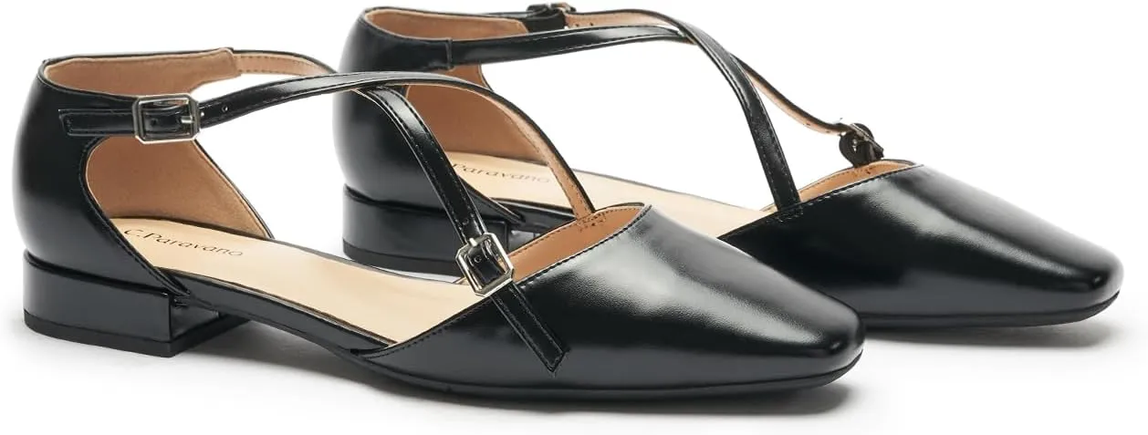 C.Paravano Women's Flats Square Toe Cross-Strap Sandals Stylish Comfortable Slip-On Shoes for Casual Wear, Work, Travel & Social Events